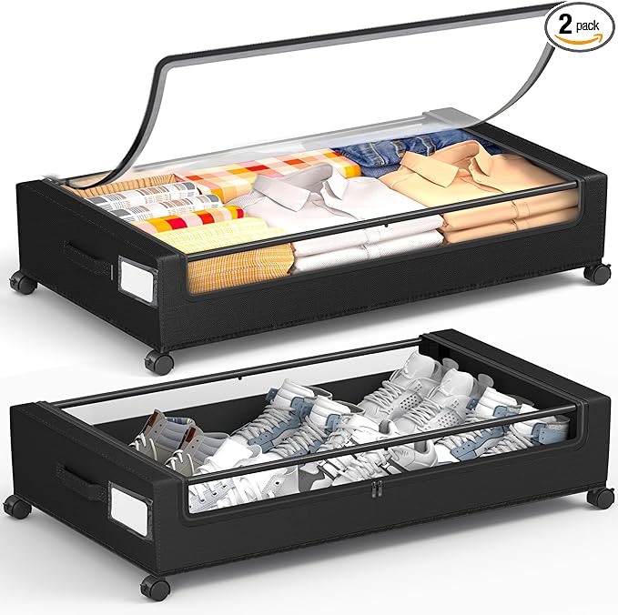 Under Bed Storage With Wheels, 2 Pack Square Containers, 60L Bins, Rolling Metal Drawer for Clothes, Blankets, Shoes