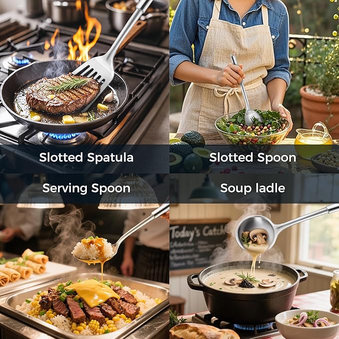 MUJINON 18/0 Stainless Steel Kitchen Cooking Utensil Set, Ergonomic Handle, Dishwasher Safe, Slotted Spoon, Ladle, Turner, Serving Spoon for Housewarming Daily Use Commercial, Pack of 4
