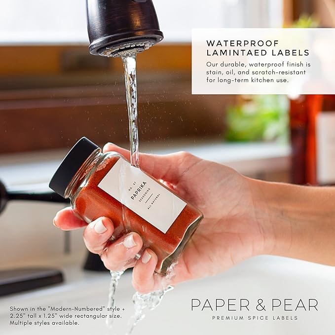 Modern White Spice Labels Stickers Preprinted Waterproof by Paper & Pear - Oil Resistant Kitchen Pantry Labels for Home Improvement - 2.25x1.25 Inches Pantry Stickers - Set of 80 (No Jars)