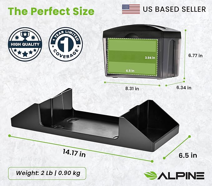 Alpine Tabletop Commercial Napkin Dispenser Restaurant Napkin Holder for Interfold Napkins with Condiment Holder & 2 Side Marketing Space Insert for Restaurants, Cafeterias, Food Trucks, Clubs - Black