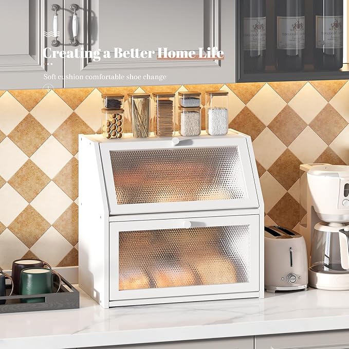 STDDRE Bread Box for Kitchen Countertop Bin Double Layer Bread Box Storage Container Extra Large Capacity with Diamond Pattern Windows (White, Extra Large)