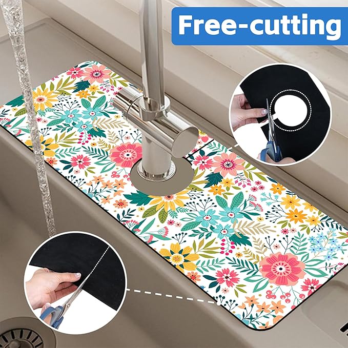 Colorful Floral Leaves Berries Kitchen Sink Splash Guard Mat Absorbent Fast Drying Mat Faucet Draining Mat Sink Splash Guard Behind Faucet Drip Catcher for Kitchen Bathroom 5.5"×15"