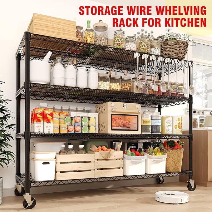 72" H X 59 W X18 D Storage Shelves with Wheels, 4 Tier Wire Shelving Adjustable Metal Shelving Shelves Capacity 2640LBS Heavy Duty Shelf for Garage Shelving, Pantry, Kitchen, Commercial