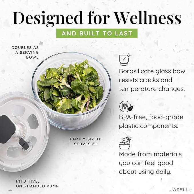JARELLI Glass Salad Spinner Large Capacity 6.3QT with Storage Lid | Boroscilicate Glass Bowl and BPA-Free and Food-Safe Colander, Base, Spinner Lid and Storage Lid | Washing, Spinning, and Draining