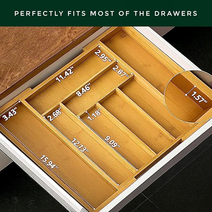 Forestroot Bamboo Drawer Organizer, Expandable 8-Slot Silverware & Utensil Tray for Kitchen Drawers, Fits 13–19.5 Inch Drawers, Deep Compartments, Durable & Eco-Friendly Natural Bamboo