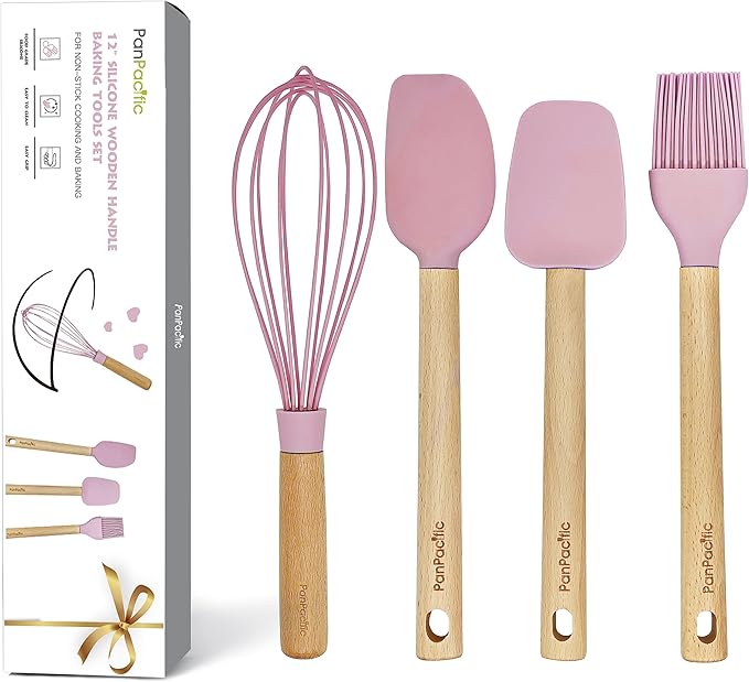Panpacific 12" Silicone Spatula Set for Nonstick Cookware - Heat Resistant With Scraper/Brush/Whisk, Wooden Handle Baking Utensil Set, 4 Piece (Cherry Pink)