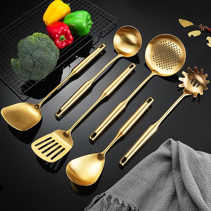 NIITAWH Gold Kitchen Utensils Set 18/10 Stainless Steel 6 Pcs Professional All Metal Cooking Utensils Set 12-15", Wok Spatula, Ladle, Skimmer, Slotted Spatula Turner, Spaghetti Spoon, Large Spoon