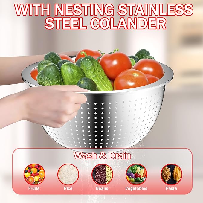 DUTZUN Mixing Bowls with Strainer, Mixing Bowl with Lids Set, Stainless Steel Mixing Bowls, Kitchen Gadgets 2025 Salad Bowls with Strainer for Mixing & Preping & Baking, Multicolor
