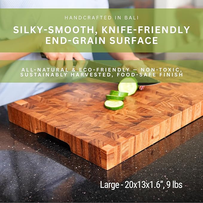 SHUMARU Tropical Walnut End-Grain Wood Cutting Board – 20X13X1.6" Butcher Block | Handmade in Bali - Silky-Smooth, Knife‑Friendly, Ergonomic Grips & Non‑Slip Feet
