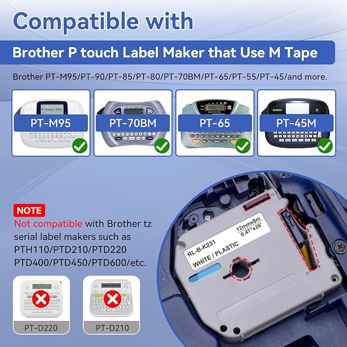 M-K231 Label Tape Compatible with Brother M Tape P Touch 12mm 0.47 White, M-K231s MK231 M231 for Brother PT-M95 PT-70BM PT-90 PT-85 PT65 45 P-Touch Label Maker Refills 0.47''*26.2'