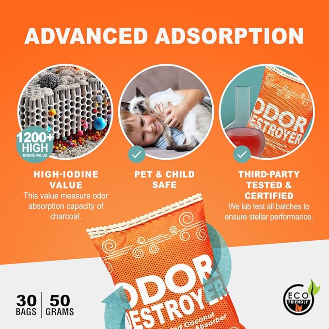 Sunlight® Shoe Deodorizer, Activated Charcoal Odor Absorber Bags, Chemical Free Odor Eaters for Shoes, Shoe Smell Remover Inserts, (50g, 2 Bags)