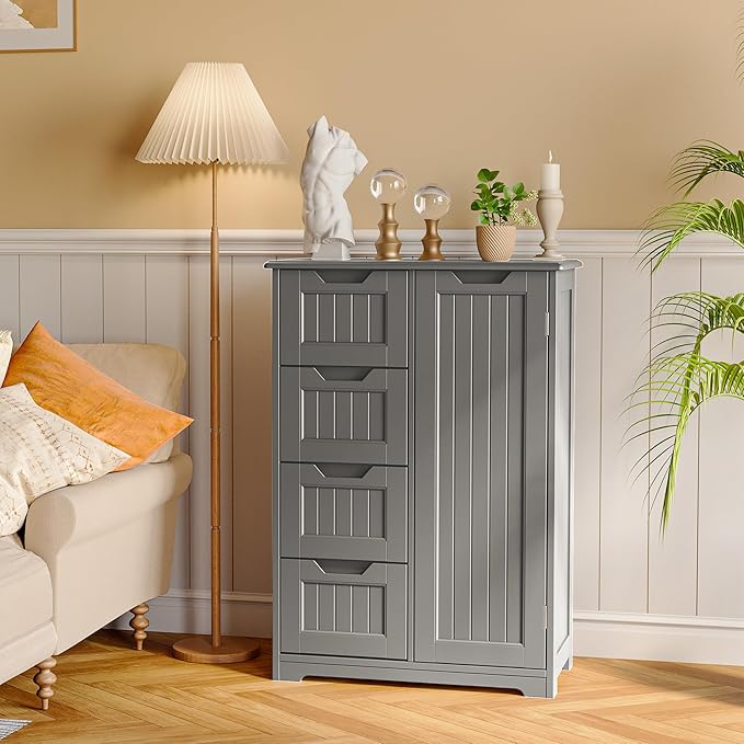 Gizoon Small Kitchen Pantry with Door and Shelves, 33'' Pantry Cabinet Freestanding Wooden Bathroom Storage Cabinet with 4 Drawers for Kitchen and Dining Room, Gray