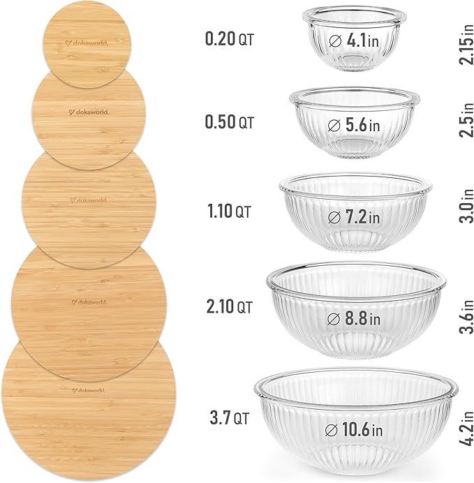 dokaworld Stackable Space-Saving Set of 5 Nesting Glass Bowls with Bamboo Lids for Foodprep, Storage, Baking, Mixing & Cooking, Microwave & Oven Safe BPA Free Heat Resistant Inert Borosilicate Glass