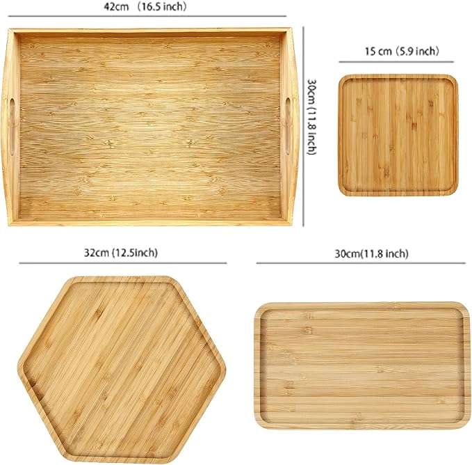 PAFREWOG Bamboo Serving Trays 16.5"x11.8"（42x30cm with Handle, Set Includes 0.63"(1.6cm) Thick Dinner Plates Hexagon 12.5"(32cm)+Rectangle 9.8"(25cm)*5.9"(15cm)+Square 5.9"(15cm)