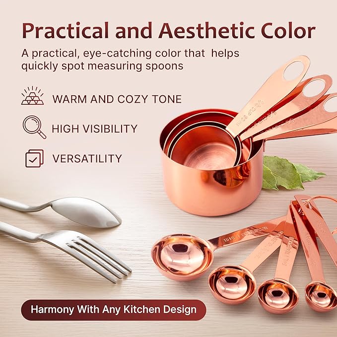 AGRUS Measuring Cups and Spoons Set of 9, Utensils for Dry and Liquid Ingredients, Copper Kitchen Accessories, Rose Copper Decor for Home, Stackable, Sturdy Stainless Steel