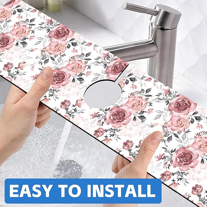 Pink Rose Floral Kitchen Sink Splash Guard Mat Absorbent Fast Drying Mat Faucet Draining Mat Sink Splash Guard Behind Faucet Drip Catcher for Kitchen Bathroom 5.5"×24"