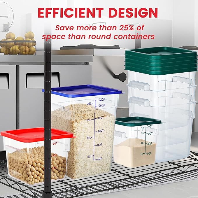 BIEAMA 4 Pack Food Storage Containers, 6 Quart with Lids, Square Commercial Containers with Scale, NSF, Polycarbonate, Clear