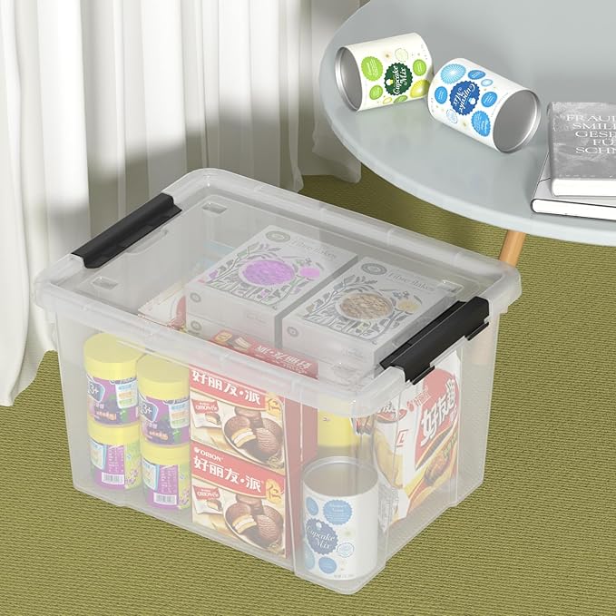 Sandmovie 40 Quart Clear Large Plastic Storage Bin, Latching Storage Box with Lids and Wheels, Pack of 4