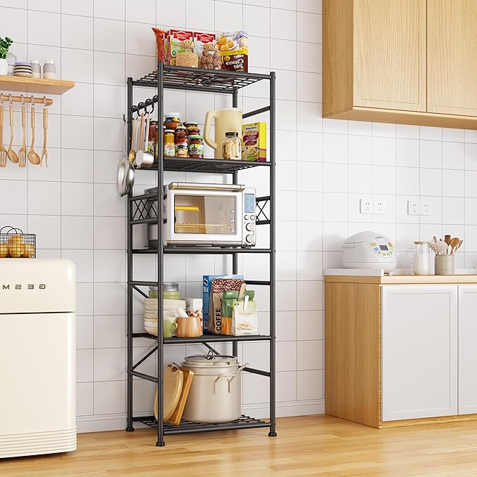 5-Tier Storage Shelves,Sturdy Metal Shelving Unit with Hooks,Wobble-Free Storage Rack with Leveling Feet,Slim Standing Shelf Organizer for Garage Kitchen Pantry,17.7”W×11.8”D ×58.3”H,Black