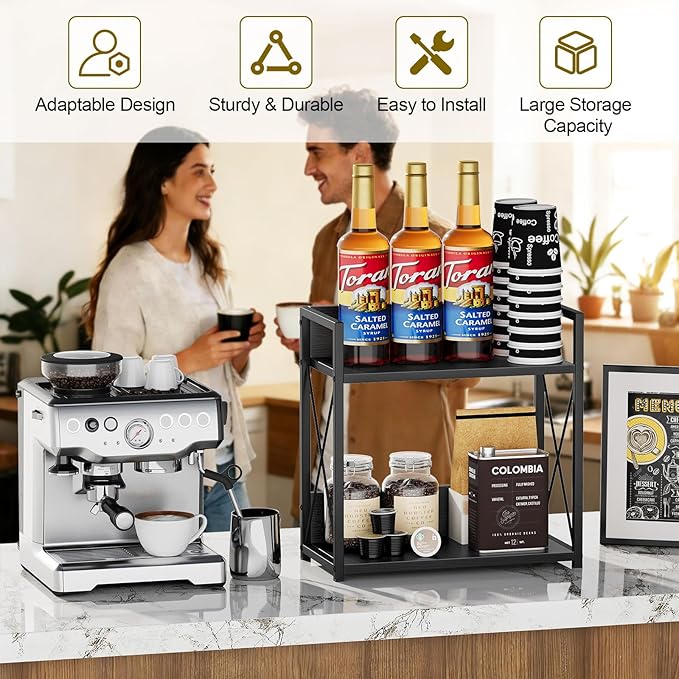 Giikin Kitchen Countertop Organizer, 2 Tier Coffee Bar Organizer, Black Spice Rack for Counter, Kitchen Counter Shelves (Black, L)