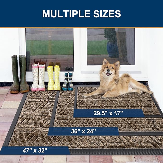 Smiry Front Door Mat Outside Entrance, Heavy Duty Sturdy Natural Rubber Doormat, Trap Dirt and Moisture, Easy Clean Low Profile Mats for Indoor Outdoor Entry, Grid Geometric (35x23, Brown)