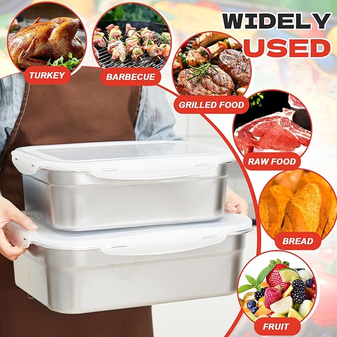 2pcs Large Stainless Steel Marinating Containers with Lids, Food Storage Containers for Refrigerator, Leak-proof & Stackable for Meal Prep,Turkey, Meat, Bacon(284oz/8.4l + 203oz/6l)