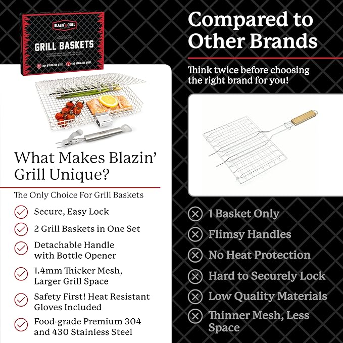 Blazin' Grill Grill Baskets for Outdoor Grill | 2 Grilling Baskets with Detachable Handle | Barbecue Grill Set with BBQ Gloves | Portable Camping Net Rack Perfect for Vegetables, Seafood & Meat