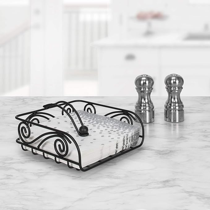 Specrum Scroll Deco Weighted Napkin Holder, Flat Napkin Holder With Weighted Arm, Traditional-Style Napkin Dispenser, Sturdy Steel Kitchen & Dining Room Décor Black