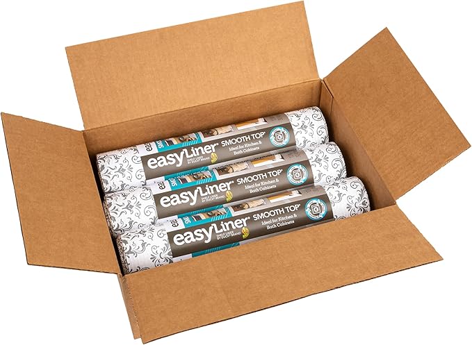 Smooth Top EasyLiner for Cabinets & Drawers - Easy to Install & Cut to Fit - Shelf Paper & Drawer Liner Non Adhesive - Non Slip Shelf Liner - 12in. x 10ft. - 6 Roll Project Pack - Gray Damask