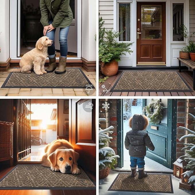 Smiry Front Door Mat Outside Entrance, Heavy Duty Sturdy Natural Rubber Doormat, Trap Dirt and Moisture, Easy Clean Low Profile Mats for Indoor Outdoor Entry, Grid Geometric (47x23, Brown)