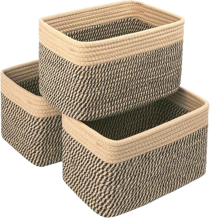 R RUNKA Small Cotton Rope Basket – Storage Bin for Organizing (10.6" x 6.7" x 6.7"), Bathroom Storage Basket for Shelf, Counter & Closet（Camel & Mixed Black）