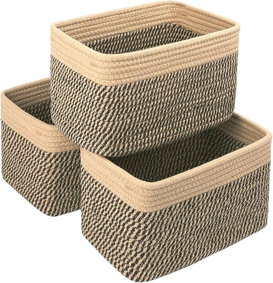 R RUNKA Small Cotton Rope Basket – Storage Bin for Organizing (10.6" x 6.7" x 6.7"), Bathroom Storage Basket for Shelf, Counter & Closet（Camel & Mixed Black）