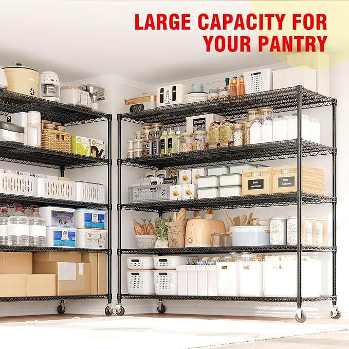 82" H Storage Shelves with Wheels, 5-Tier Metal Shelving Unit Load 3300LBS Capacity, Adjustable Wire Shelf Rack w/Feets, Heavy Duty Storage Shelving for Garage Pantry Rooms, 59" W X 24" D