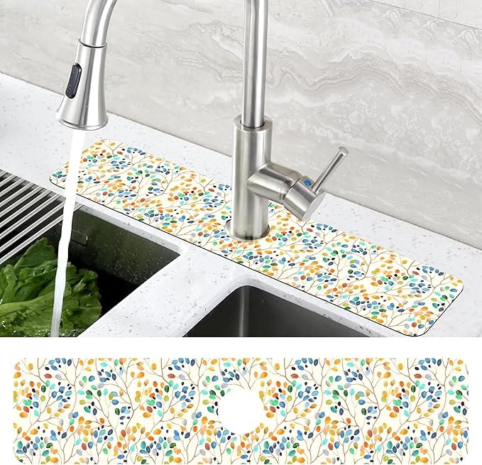 Abstract Watercolor Leaves Sink Faucet Absorbing Mat Sink Splash Guard Faucet Mat Draining Mat Fast Drying Sink Protectors for Kitchen and Bathroom 5.5"×24"