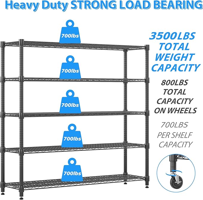 Homdox Heavy Duty Metal Shelves for Storage, 5 Tier Storage Racks and Shelving, Commercial Adjustable Wire Shelving Unit on Wheels, Garage Rack Pantry Shelves Kitchen Shelving, 18"x60"x82", Black