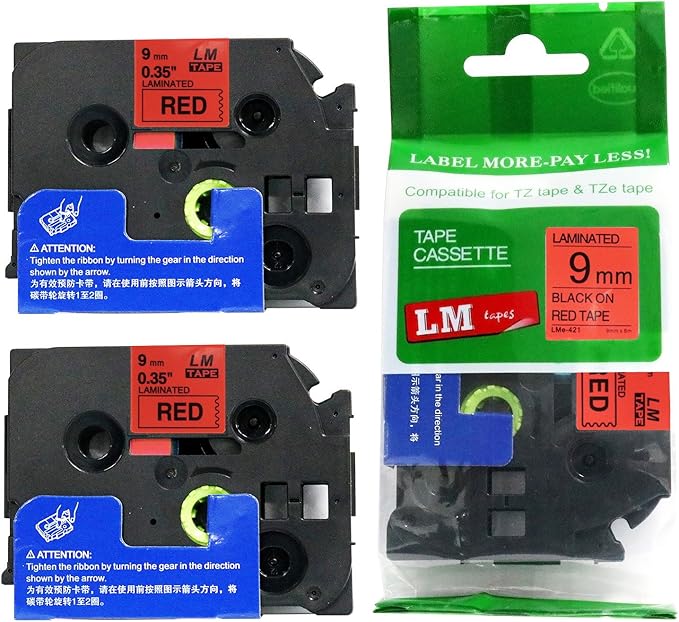 2/Pack LM Tapes - LMe421 Premium 3/8" Black Print on Red Label Compatible with P-Touch TZe421 Tape and Includes Tape Color/Size Guide. Replaces Ptouch TZ421 9mm 0.35 Laminated.