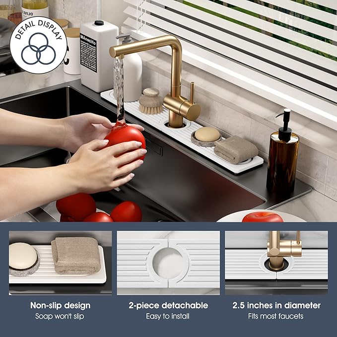 Quick Drying Stone Faucet Mat for Kitchen Sink - Diatomite Sink Mat Absorbing Stone Tray for Bathroom Counter, Sink Faucet Splash Guard Water Protector Matt for Kitchen Counter(White, 17.7" x 3.9")