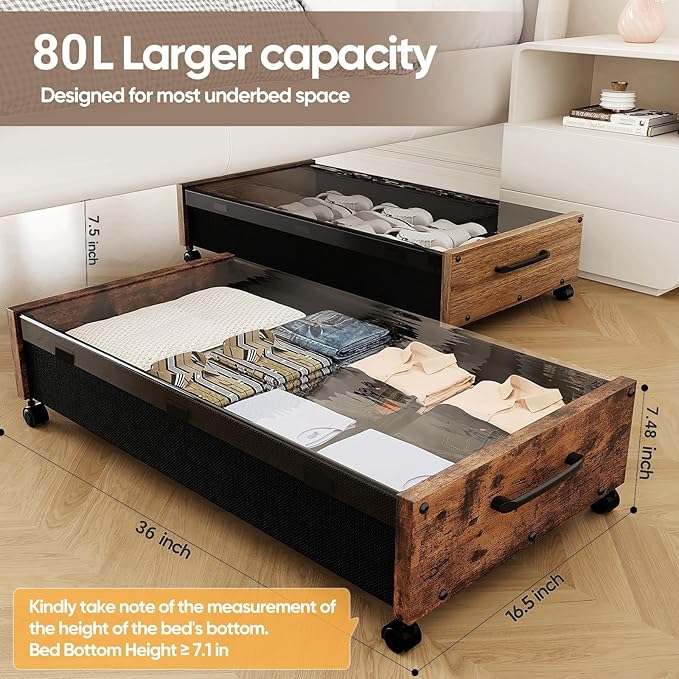 Under Bed Storage with Wheels, 2 Packs Wooden Storage Containers Extra Large Underbed Shoes Organizer, Rolling Under Bed Storage Drawers with Clear Lid, Heavy Duty for Clothes Toys 36"L (Walnut)