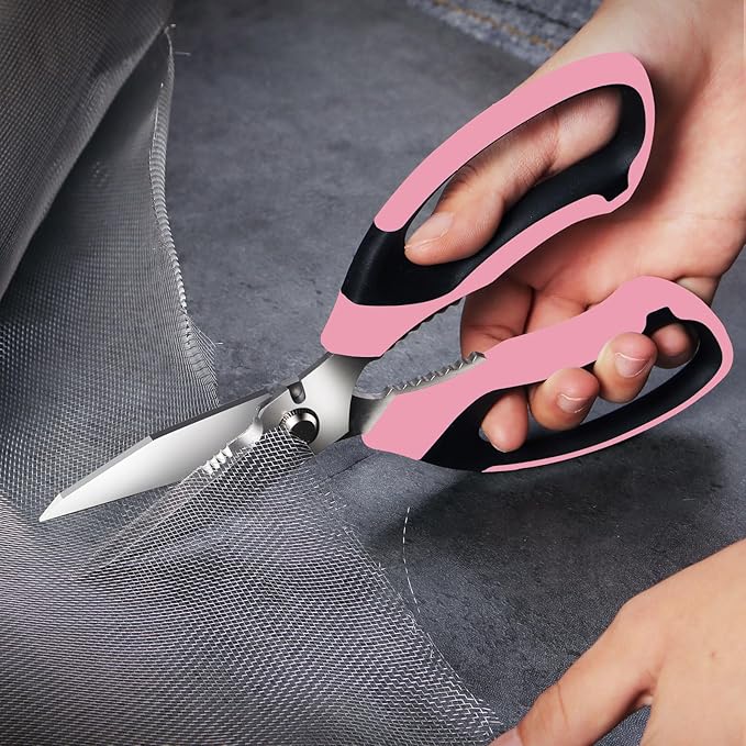 BoFuYuan 8-Inch Utility Scissors All Purpose Heavy Duty, Serrated Blade, Pink Comfort Grip for Cutting Carpet, Cardboard, Leather, Fabric, Multipurpose Sharp Shears for Kitchen, Garden, Office, Carft