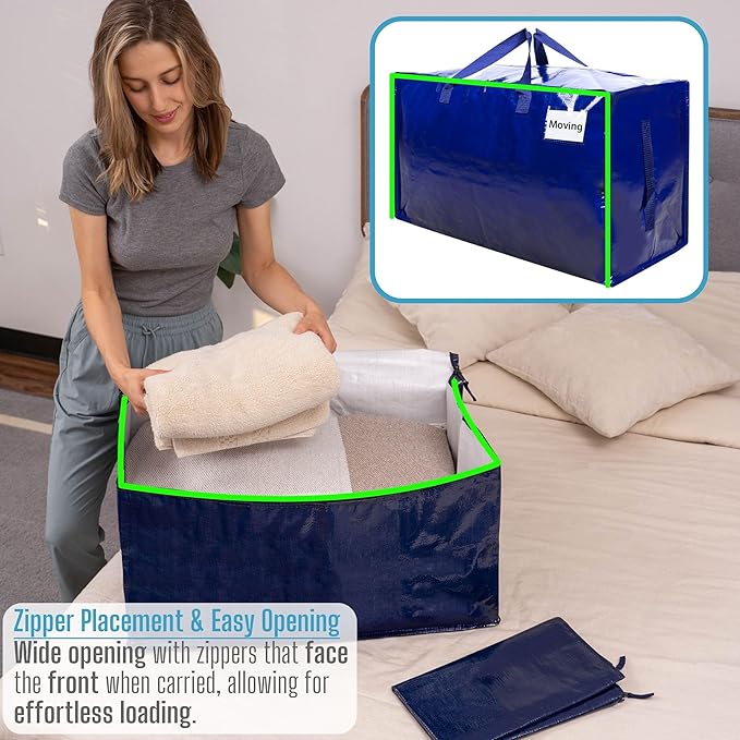 VENO 10 Pack Moving Bags and Large Christmas Decoration Storage Bins with lids. Alternative to Moving Boxes, Packing Supplies for College. Heavy Duty Totes (Blue, 10 Pack)