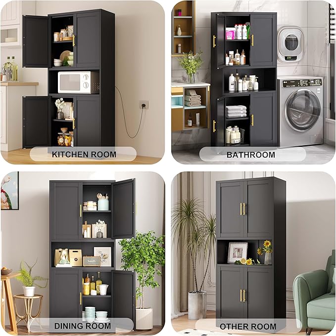 pozdeg 61.02" Kitchen Pantry Cabinet, Large Metal Storage Cabinet with 4 Doors and 1 Open Storage Compartment, Corner Display Organizer with 2 Adjustable Shelves for Kitchen Bedroom or Hallways