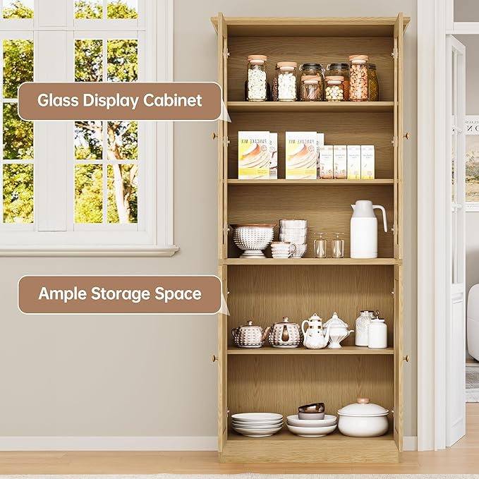 71" Kitchen Pantry Cabinet with Glass Doors, Modern Coffee Bar Storage Cabinet with Adjustable Shelves & Wooden Doors, Freestanding Cupboard for Dining Room or Living Room, Natural Wood