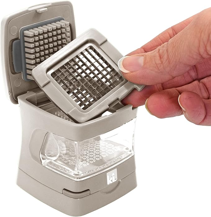 Kitchen Innovations Garlic-A-Peel Garlic Press, Crusher, Cutter, Mincer, and Storage Container - Includes Silicone Garlic Peeler - Easy to Clean - Stainless Steel Blades – (Cream), standard