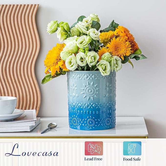 LOVECASA Extra Large Kitchen Utensil Holder, 7.2" Ceramic Farmhouse Utensil Holder For Kitchen Décor Countertop With Heavy And Sturdy Base, Utensil Crock Organizer, Blue