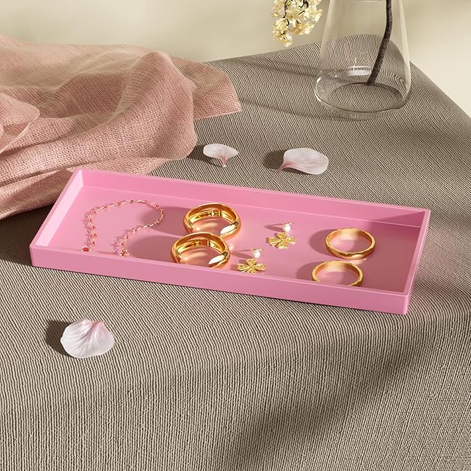 Mriluvy Vanity and Bathroom Tray, 11.8" ABS Countertop Organizer,Waterproof Vanity Tray for Toilet Tank,Perfume,Soap,Keys,Bathroom Accessories,Kitchen and Bath Trays,Non Slip Small Trays,Pink