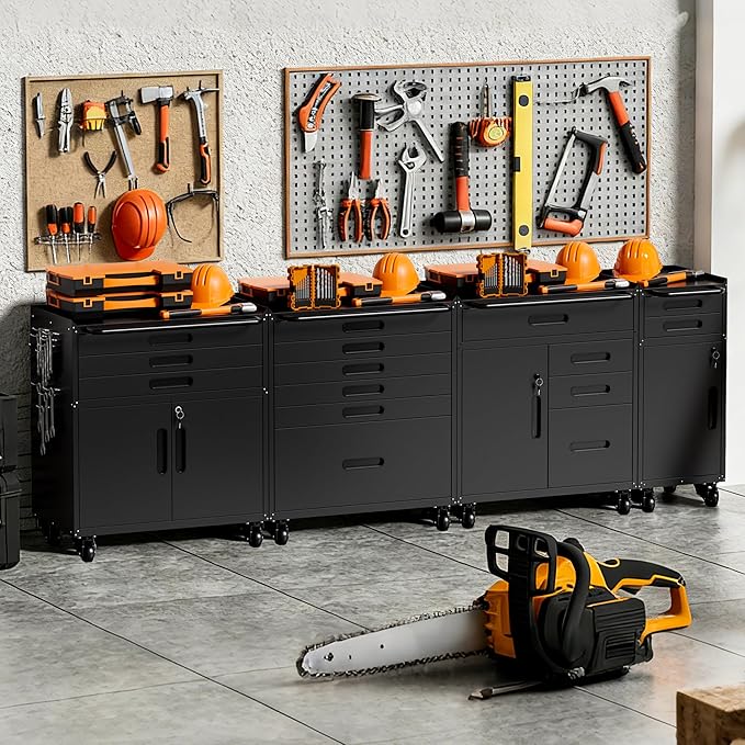 BIZOEIRON Metal Garage Storage Cabinet with Wheels, Rolling Tool Cabinet with 3 Drawers and 2 Doors, Heavy Duty Tool Cabinet with Workbench, Assembly Required, Black
