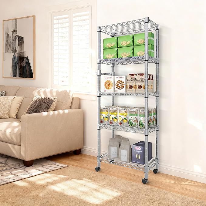 5-Tier Storage Shelves 1100 LBS Heavy Duty Metal Wire Rack Shelving with Lockable Wheels, 61" H Rolling Storage Rack for Pantry Kitchen Garage Bedroom Organization