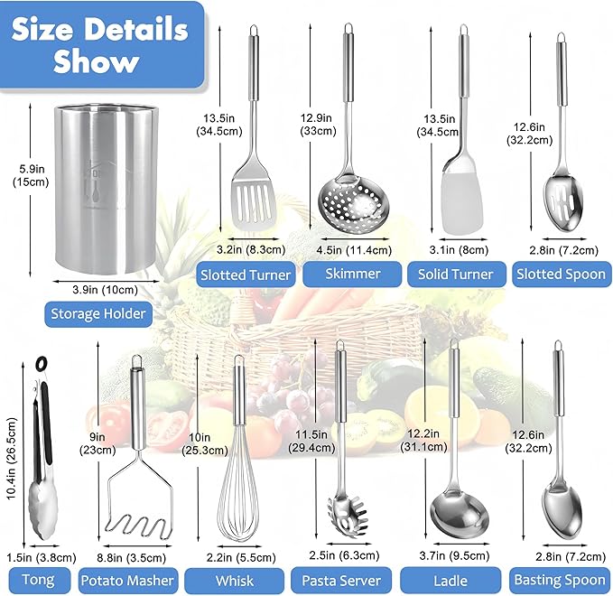 Cooking Utensils Set 11pcs - Stainless Steel Kitchen Utensils Set with Holder, Heat Resistant Kitchen Utensils Sets for Cooking with Turners, Potato Masher, Skimmer, Spoons, Ladle, Tongs, Whisk