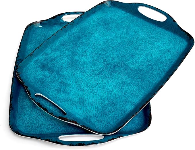TP Large Serving Trays with Handles, 19" x 12" Melamine Serving Platters for Food, Turkey, Set of 2 Rectangular Trays for Party, Retro Teal