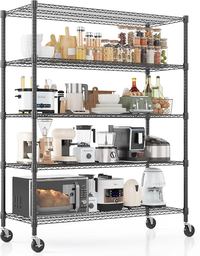 Homdox Heavy Duty Storage Shelves, 5 Tier Wire Shelving Unit with Wheels, Commercial Adjustable Metal Shelves for Storage, Garage Rack Pantry Shelves Kitchen Shelving, 18"x48"x82", Black